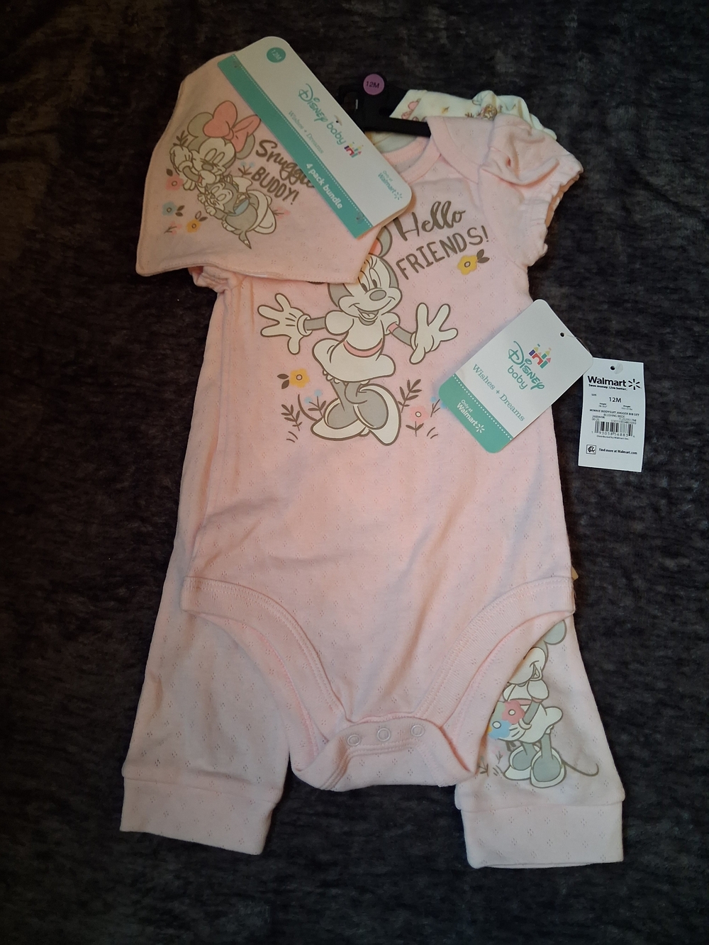 NWT Disney Baby Minnie Mouse 4pc Outfit Set Bodysuit/Pants/Bib 12 Month